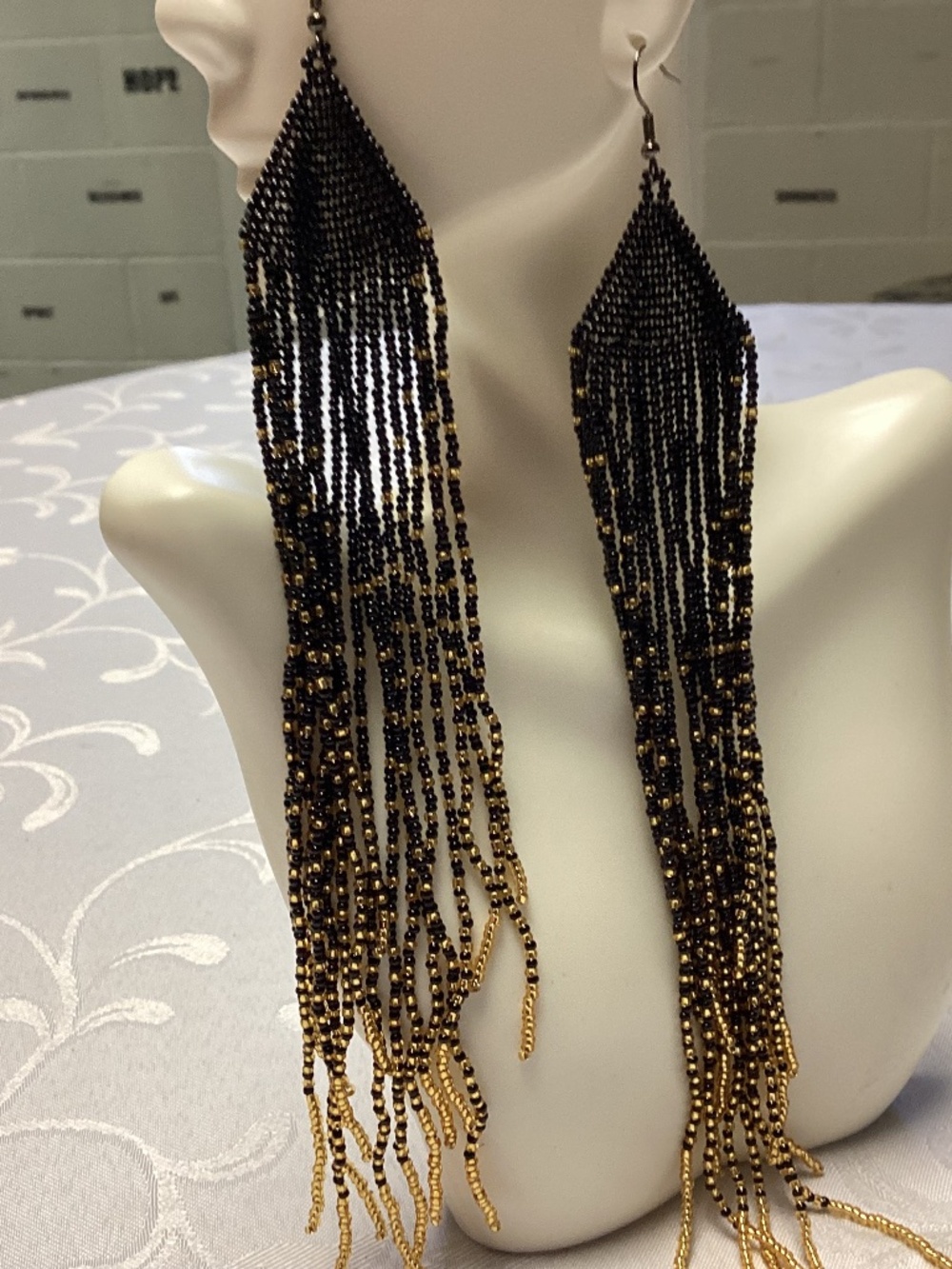 Black and gold beaded earrings huge super long brand new gorgeous
